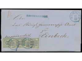 senkrechter Dreierstreifen 1 Ggr.  (vollrandig) auf Faltbriefhülle mit blauem Stempel  Hamburg  15.12. und L1  Recommandirt  