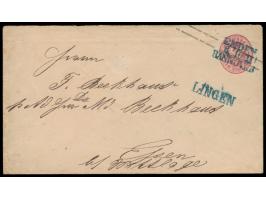 Preußen:  Ganzsachenumschlag 1 Sgr. mit blauem Bahnpost-L3  Emden 6.10. II Hannover  und Aufgabe-L1  Lingen  nach Essen, Ausg