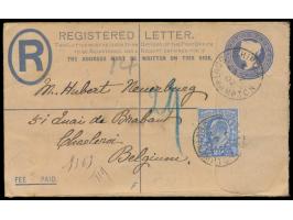 2 1/2 d. King Eduard &nbsp;als Zusatzfrankatur auf R-Ganzsachenumschlag 2 d. Queen Victoria nach Belgien, Stempel Shipley Sou