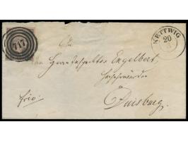 1 Sgr (vollrandig) mit  Nummernstempel 717  und K2  Kettwig  20.3. auf Faltbriefhülle nach Duisburg, rückseitig Ausgabestempe