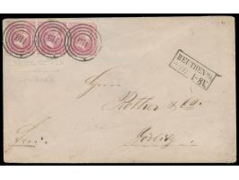 waagerechter Dreierstreifen 1 Sgr (rechte Marke kleiner Eckfehler, sonst vollrandig) mit  Nummernstempel 119  und R2  Beuthen