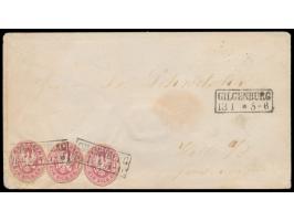 3 x  Ganzsachenausschnitt 1 Sgr.  oval geschnitten (ohne Überdruck) auf Briefumschlag, Stempel  Gilgenburg  13.1., nach Halle