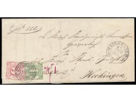 1 Kr. grün (Ausgabe 1859) mit 3 Kr. rot (Ausgabe 1862) mit  Nummernstempel 304  und Stempel  Haigerloch  15.12.1863 auf Faltb