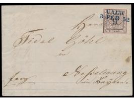 1. Ausgabe  9 Kr. (vollrandig) mit blauem L2  Calw / 3. Feb. 52  auf Faltbrief nach Nesselwang / Bayern, mit komplettem Inhal