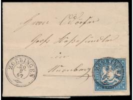 6 Kr. mit Durchstich auf Faltbriefhülle nach Nürnberg, 2 x besserer Dreikreisstempel  Zoebingen  20.2.67, Ankunftstempel 20.2