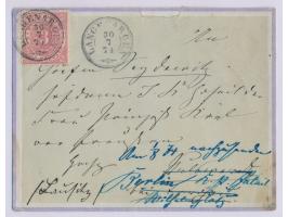 3 Kr. (1869) auf kleinem blassgrünem Umschlag mit violettem Zierrand, 2 x Doppelkreisstempel  Langenargen  30.7.71, nach Luga