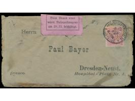 10 Pf. auf Brief mit Stempel  Geislingen a. d. Steige  19.11.84 nach Dresden, oben rosa Aufkleber  "Beim Brand eines württ. B