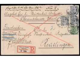 5. Pf. grün und 3 x 20 Pf. auf  Eilboten-Einschreibbrief  2. Gewicht mit Stempel  Ulm Bahnhof  13.2.94 nach Reutlingen, Ankun