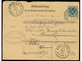 Postanweisungs-Dienstumschlag 20 Pf.  für einen Betrag von 31 Mark, Stempel Bopfingen 23.3.04, Ankunftstempel Neresheim 23.3.