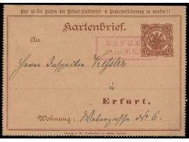 Erfurt, Privat-Stadtbrief-Beförderung:  Kartenbrief 3 Pf. braunorange, Müller Karte 4 II, roter Stempel Erfurt 22.1.1891, Bed