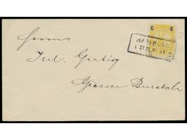 Hamburg,  Stadtbriefbeförderung: Aufdruckmarke 3 auf 15 Pf., unten Aufdruck fehlend, oben Wertziffer kopfstehend, Brief mit R