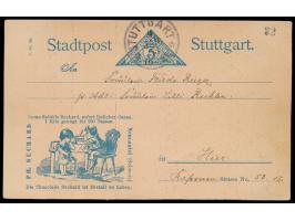 Stuttgart, Privat-Stadtpost,  Ganzsache 3 Pf. preußischblau mit Suchard-Reklame "Schokoladentopf gefallen", Horst Müller P 27