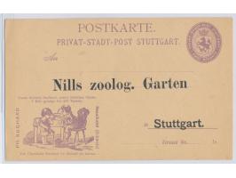 Stuttgart,  Privat-Stadtpost, Ganzsache 2 Pf. lila mit Suchard-Reklame (Bild Schokoladentopf gefallen) mit Textzudruck  "Nils