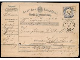 2 Gr. mit kleinem Brustschild (stockfleckig) auf &nbsp;Postanweisung &nbsp;auf 15 Thaler &nbsp;nach Helgoland, &nbsp;Stempel 