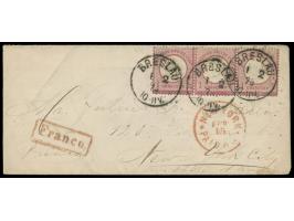 1 Gr. Großer Schild  Dreierstreifen  auf Auslandsbrief Breslau 1.2.73  nach USA,  roter R12 Franco, Ankunftstempel New York P