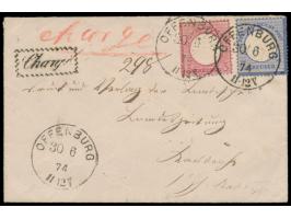 3 und 7 Kr. Großer Schild auf Einschreibbrief, R1  Chargé Zackenrand,  K1 Offenburg 30.6.74, Ausgabestempel Karlsruhe, 3 Kr. 