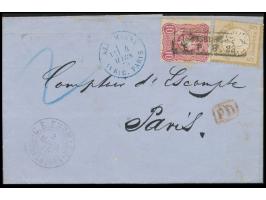 Währungs-Mischfrankatur  5 Gr.  mit  10 Pfe.  auf Faltbrief nach Paris, Rahmenstempel  Strassburg E. P. B. 23  ohne Datum, rü