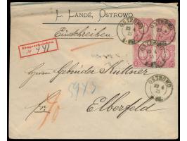 Viererblock 10 Pfe.  auf Einschreibbrief 2. Gewicht, Preußen-K2  Ostrowo  22.4.75, 1. R-Zettel "Eingeschrieben No.", nach Elb