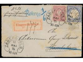 Mischfrankatur 2 Gr. Großer Schild  mit 10 Pfge.  auf R-Brief-Vorderseite, Hufeisenstempel Zabern i. Els. 31,5.75,  Versuchs-