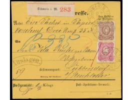 10 Pfe. und 25 Pfe. auf  Auslagen-Paketkarte  für ein Paket von 1/2 kg Gewicht von Schwerin nach Lübbersdorf bei Neukloster, 