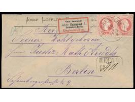 3 x Österreich  5 Kr. (Ausgabe 1867) auf  Einschreibbrief  (eine Marke rückseitig) von  Reichenberg  10.3.76 nach Berlin, Ste