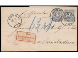 waagerechtes Paar 20 Pfe. auf  Einschreibbrief  (Faltbriefhülle) mit Stempel  Bonn  18.3.76 nach Amsterdam, 1. R-Zettel der R