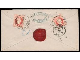 3 x Österreich  5 Kr. (Ausgabe 1867) auf  Einschreibbrief  (zwei Marken rückseitig) von  Reichenberg  11.5.77 nach Dresden, S