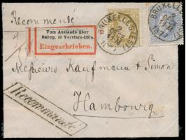 Belgien  20 C. (kleiner Stockfleck) und 25 C. auf Umschlag mit Trauerrand als Einschreiben nach Hamburg, Stempel Bruxelles 2.
