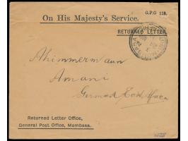 K.U.T.:  Vordruckumschlag des  Returned Letter Office Mombasa,  Stempel Mombasa 24.3.19, nach Amani, German East Africa, Durc
