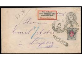 Russland-Ganzsachenumschlag  7 Kop. mit Zusatzfrankatur 7 Kop. als Einschreiben nach Leipzig, Stempel Warszawa 30.11.1879, ha