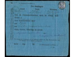 20 Pfe. innen auf blauer Recepisse mit Stempel Pyritz 28.4.80 aus  Lugano / Schweiz  am 3.5.1880 zurück nach Pyritz, Durchgan