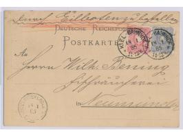 10 Pf. und 20 Pf. auf  Eilbotenkarte  mit Stempel  Kiel - Bahnhof  18.1.85 nach Neumünster, Ankunftstempel 18.1.85, portorich