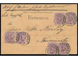 6 x 5 Pf. auf  Eilboten-Postkarte  mit Stempel Flensburg 3.2.87 nach Neumünster, zwei Marken etwas über den Kartenrand gekleb