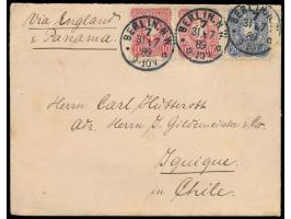 2 x 10 Pf. und 20 Pf. auf Auslandsbrief &quot;via England &amp; Panama&quot; &nbsp;nach Chile, &nbsp;Stempel Berlin, N.W. 7 3
