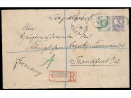 Großbritannien 5 d. und 1 Sh. (1887) auf Einschreibbrief aus London nach Deutschland, Stempel Store-Street W.C. 15.6.98 und S
