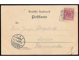 Rahmenstempel  Korsör - Kiel / DPSK. Postkt. / No. 4   6.8. auf Ansichtskarte "Gruss aus Kiel" mit 10 Pf. Krone-Adler, nach D