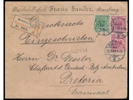 5 Pf. und 2 x 10 Pf. auf &nbsp;Einschreiben-Drucksache nach Transvaal (Z.A.R.), &nbsp;Stempel Hamburg 4 25.1.00, Ankunftstemp