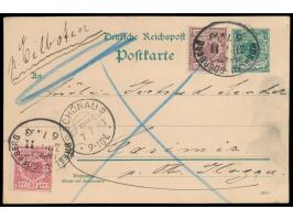 Ganzsache 5 Pf. mit Zusatzfrankatur 10 Pf. und 50 Pf. als  Eilbotenkarte  in den  Landbereich,  Bahnpoststempel  Breslau - Od