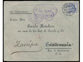 20 Pf. auf Auslandsbrief mit Stempel  Bergedorf  30.10.02  nach Guatemala , vorderseitig Ankunftstempel 21.11.1902 und Firmen
