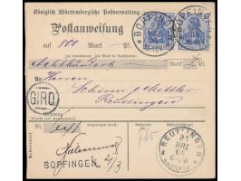 3 x 20 Pf. (eine Marke rückseitig) auf  Postanweisung  (Formular der K. Württ. Postverwaltung) auf 800 Mark, Stempel Bopfinge