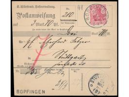 Einzelfrankatur 10 Pf. auf  Postanweisung  (Formular der K. Württ. Postverwaltung) auf 3,10 Mark, Stempel Bopfingen 24.3.04, 