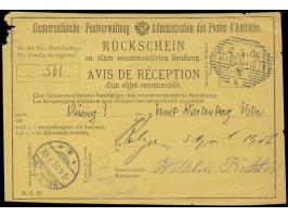 Rückschein-Formular  der Österreichischen Postverwaltung für einen Einschreibbrief von Aussig 2.4.06 nach Belgern mit Ankunft