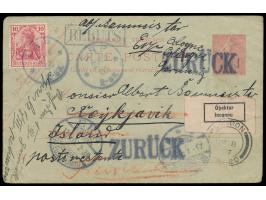 10 Pf. (kleiner Eckfehler und senkrechter Bug) auf Frankreich-Ganzsache 10 C. &nbsp;nach Reykjavik, &nbsp;Stempel &nbsp;Erp &