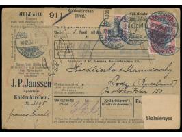 40 Pf. und 1 M. auf Auslandspaketkarte mit Stempel  Kaldenkirchen (Rheinland)  30.12.08 über Skalmierzyce 2.1.09   nach Lodz,