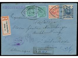 Persien  2  x 3 Ch. (1903) und 13 Ch. und 1 Kr. (1908) auf  Einschreibbrief  mit Stempel  Sultanabad-Arak  4.4.09 und R-Stemp