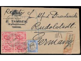 Transvaal  1 d. (Viererblock) und 2 1/2 d. auf Einschreibbrief mit Stempel  Nylstroom  5.6.09 nach Deutschland, Durchgangstem
