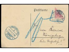 10 Pf.  diagonal halbiert  auf Ortskarte mit Stempel Königsberg (Pr.) 1 8.9.11, beanstandet, Nachgebühr 10 Pf., blauer Stempe