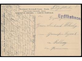 violetter Not-L1  Eydtkuhnen  auf Feldpostkarte (Ansichtskarte des russischen Kommandeurs in Eydtkuhnen, Verlag M. Jasvoin, E