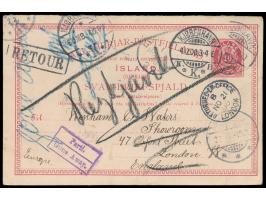 Ganzsachen-Antwortteil 10 Aur mit Stempel Reykjavik 9.11.00 nach London, Stempel "Parti / Gone away" und  Retour,  Returned L