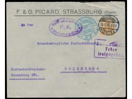 15 Pf. auf Firmenbrief mit Stempel Straßburg (Els.) 2 10.8.16  an das Grossherzogliche Postscheckamt Luxemburg,  Vermerk "Pos